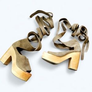 Free People Touch The Sky Clog Size 38 Wrap Around Platform Wood Heels Olive